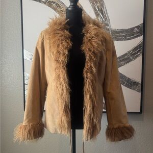 Express Camel Teddy Suede Jacket with Fur Trim